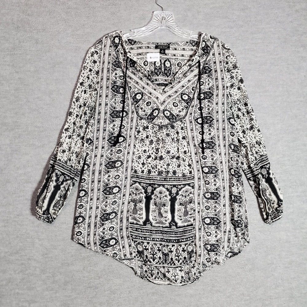 Lucky‎ Brand Women Top Small Gray Boho Blouse Long Sleeve V Neck